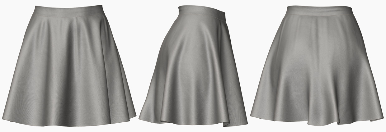 Front, side, and rear view of the female skirt high-resolution ZBrush model